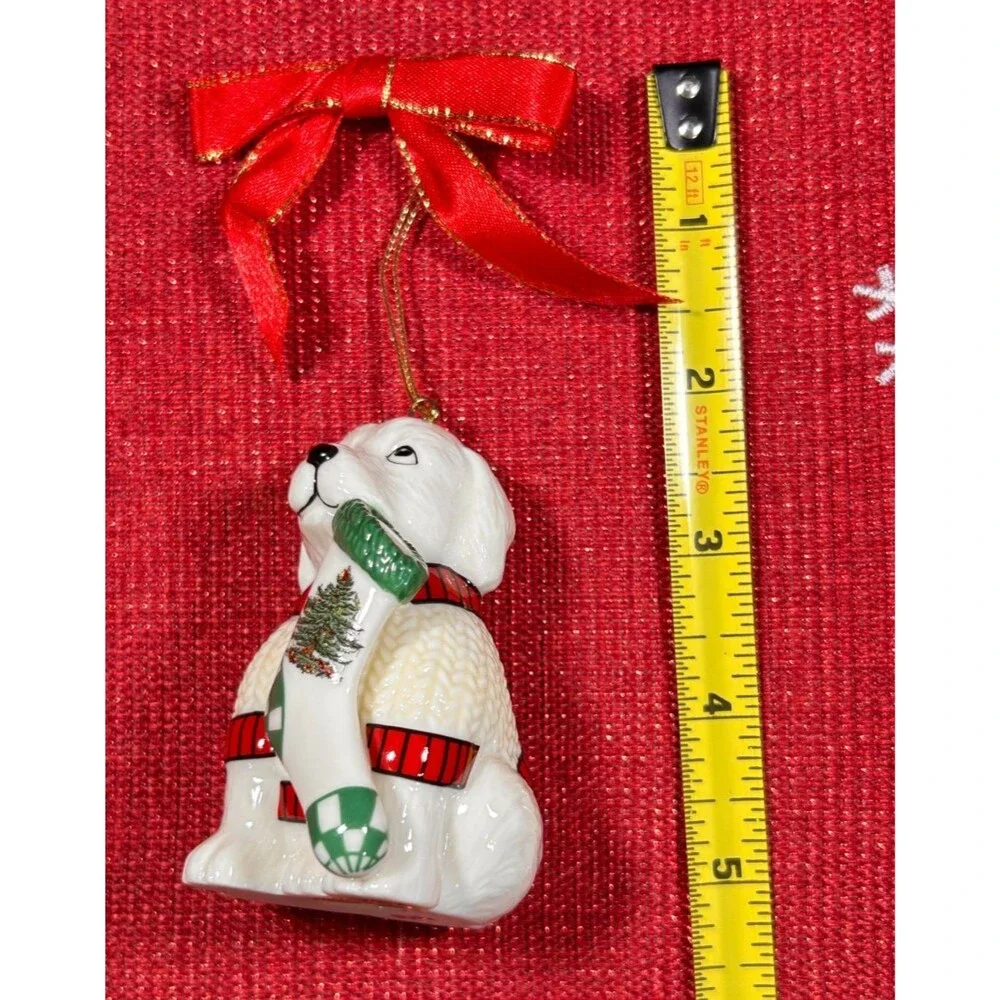 Spode Christmas Tree Puppy with Stocking Ornament 2.5